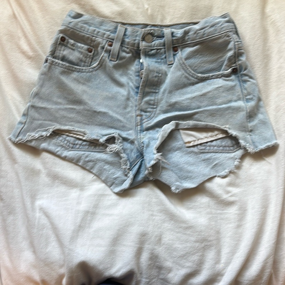 Levi's Blue High-Waisted Jean Shorts Distressed